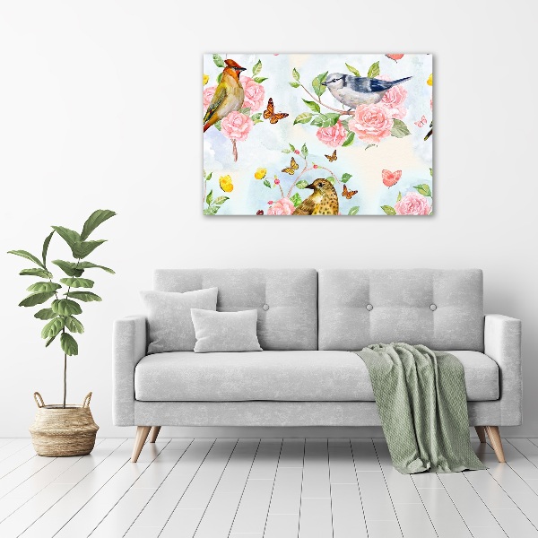 Glass art print Birds and roses