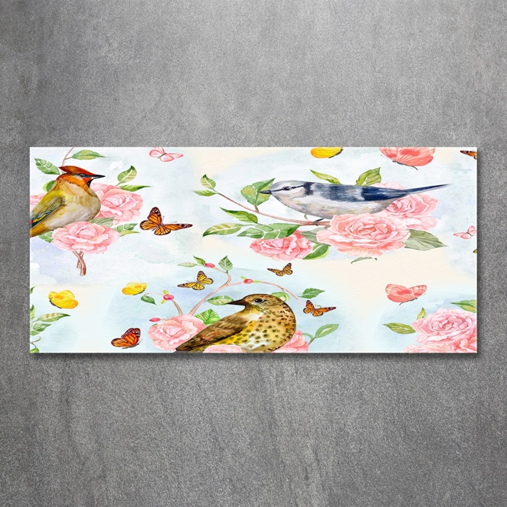 Glass art print Birds and roses