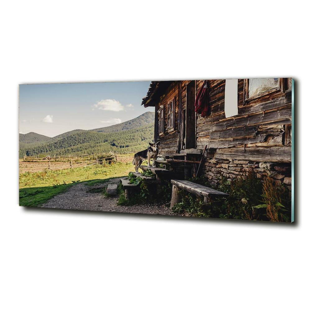 Wall art on glass Wooden mountain house