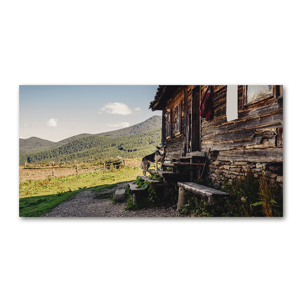 Wall art on glass Wooden mountain house