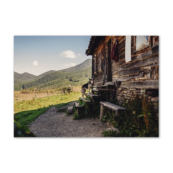 Wall art on glass Wooden mountain house