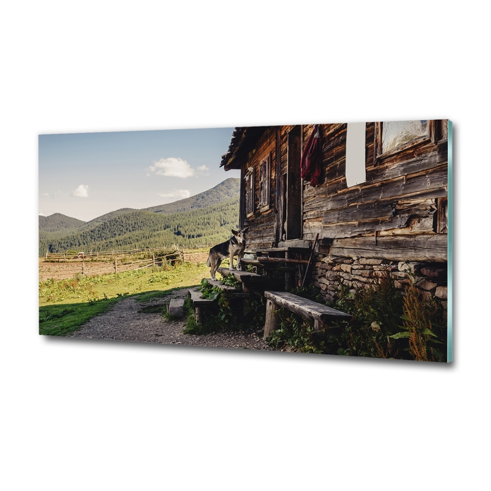 Wall art on glass Wooden mountain house