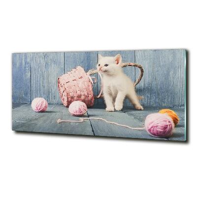 Wall art on glass White cat and skeins