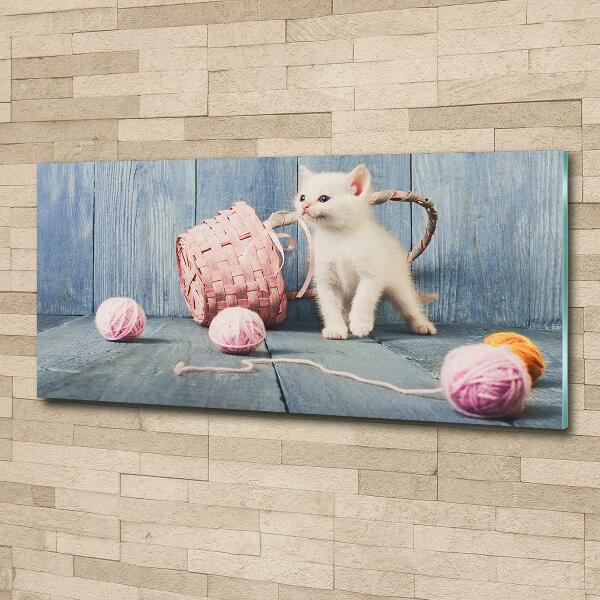 Wall art on glass White cat and skeins