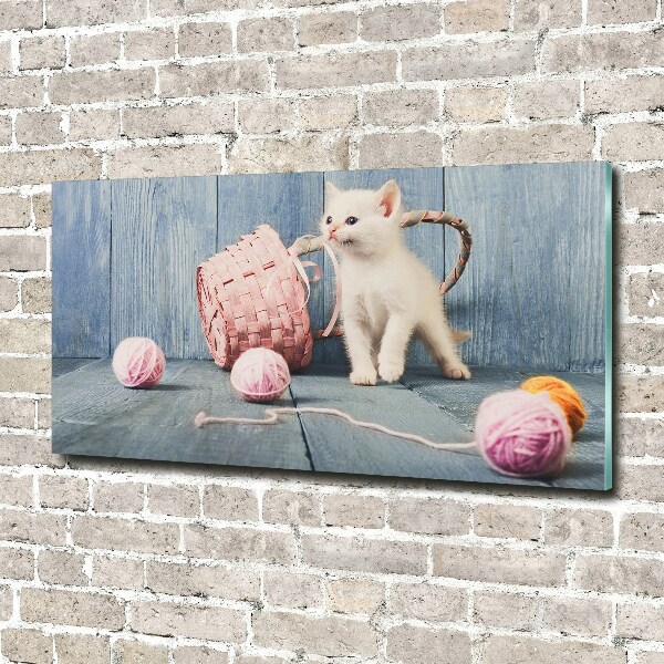 Wall art on glass White cat and skeins