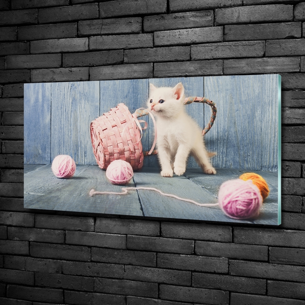 Wall art on glass White cat and skeins