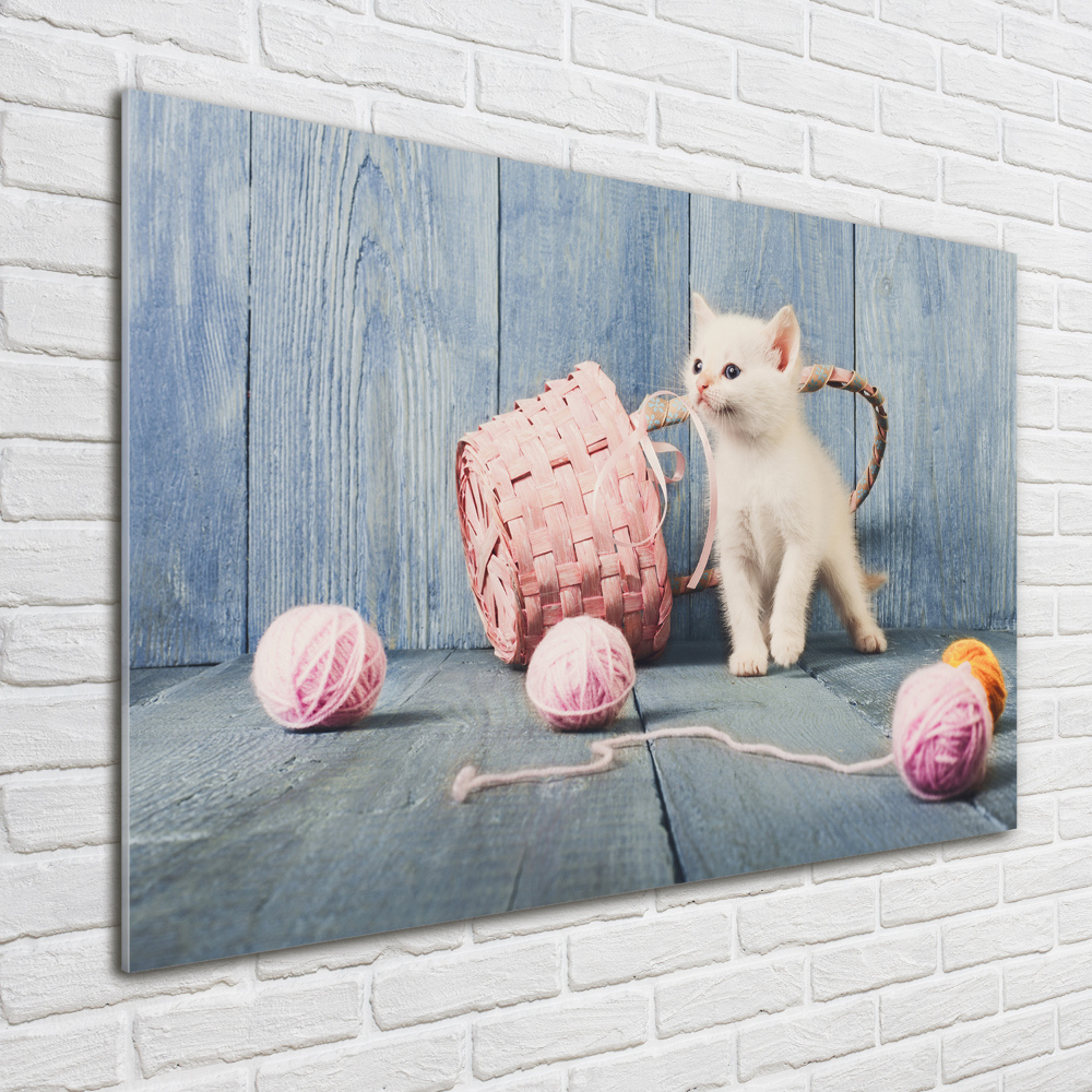 Wall art on glass White cat and skeins