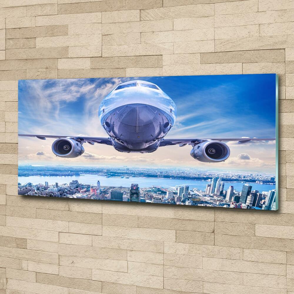 Printed glass wall art Aircraft over the city