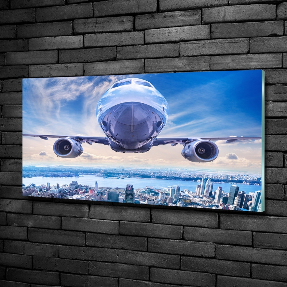 Printed glass wall art Aircraft over the city