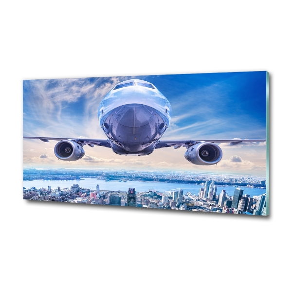 Printed glass wall art Aircraft over the city