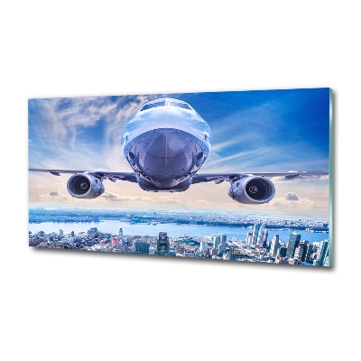 Printed glass wall art Aircraft over the city