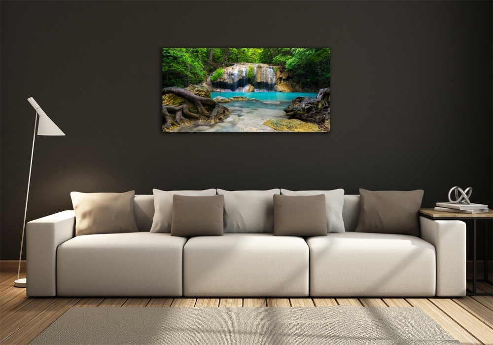 Glass art print Waterfall in the forest