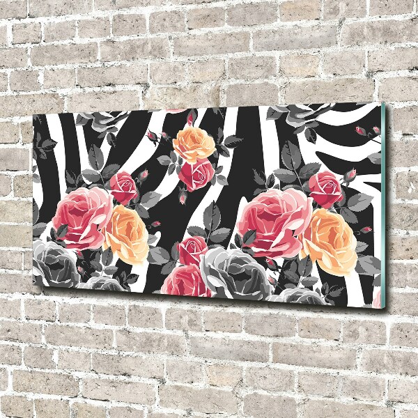 Glass art print Roses in the background zebra