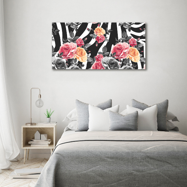 Glass art print Roses in the background zebra