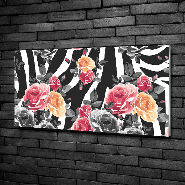 Glass art print Roses in the background zebra