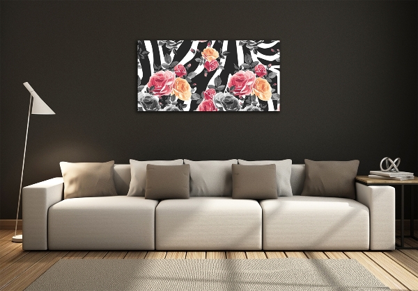 Glass art print Roses in the background zebra