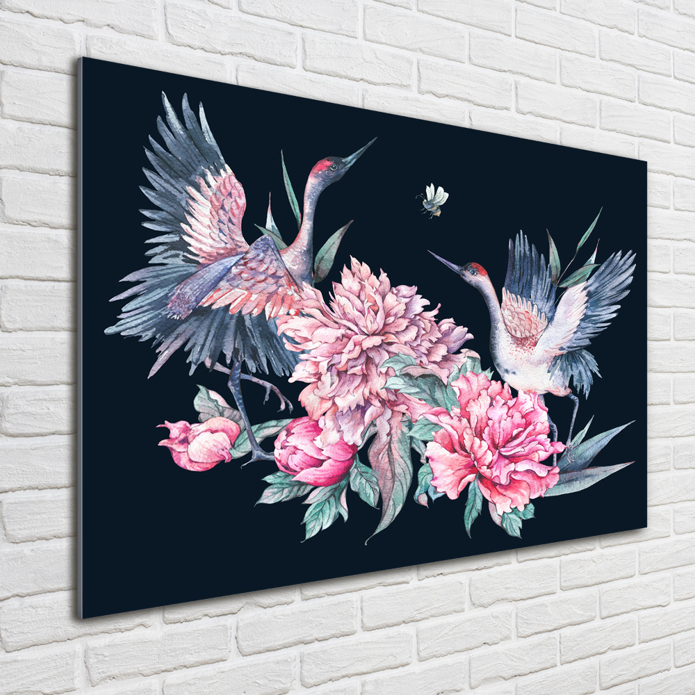 Photo printed on glass Cranes and peonies