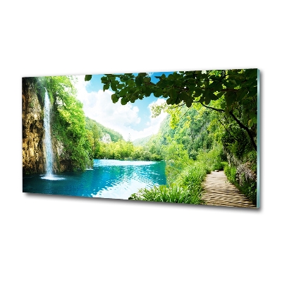 Glass picture wall art Waterfall in the forest