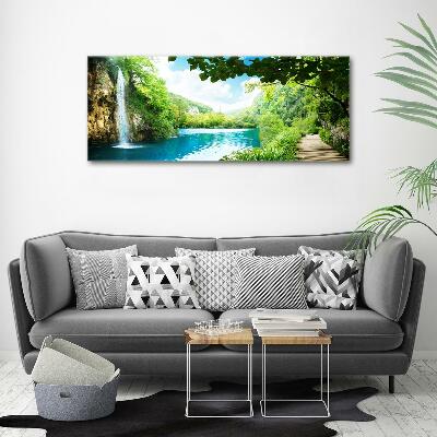 Glass picture wall art Waterfall in the forest