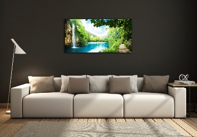 Glass picture wall art Waterfall in the forest