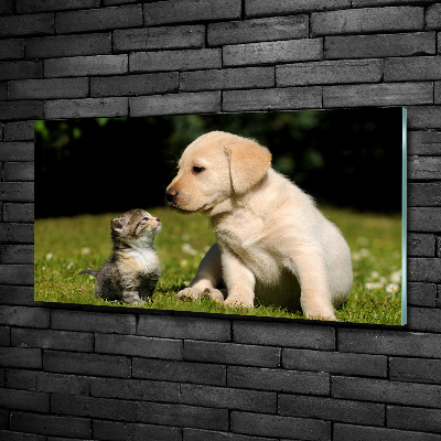 Glass art picture A dog and a cat in the meadow