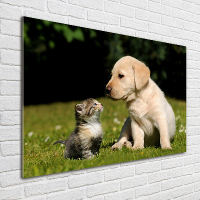 Glass art picture A dog and a cat in the meadow