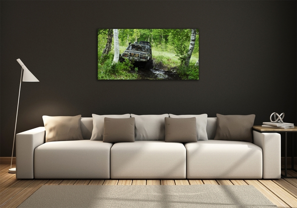 Printed glass wall art Jeep in the forest