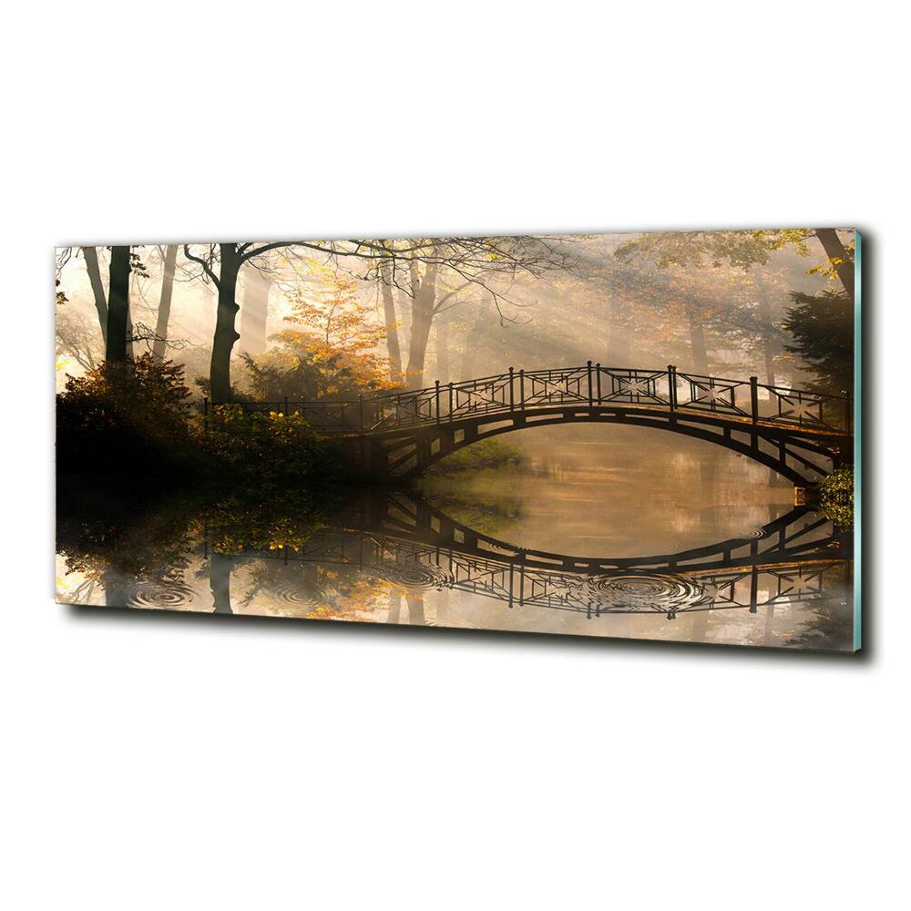 Glass picture wall art Old bridge in autumn