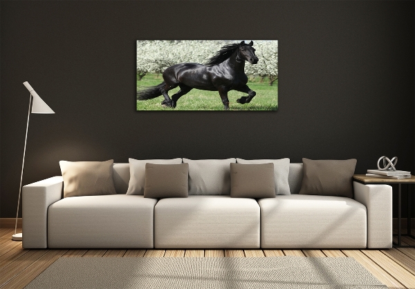 Glass art picture Black horse flowers