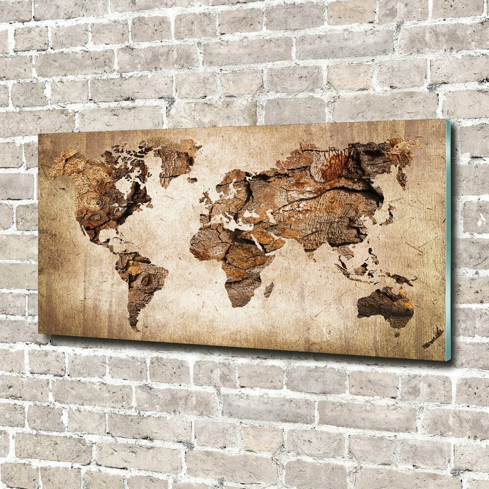 Glass wall art World map wood