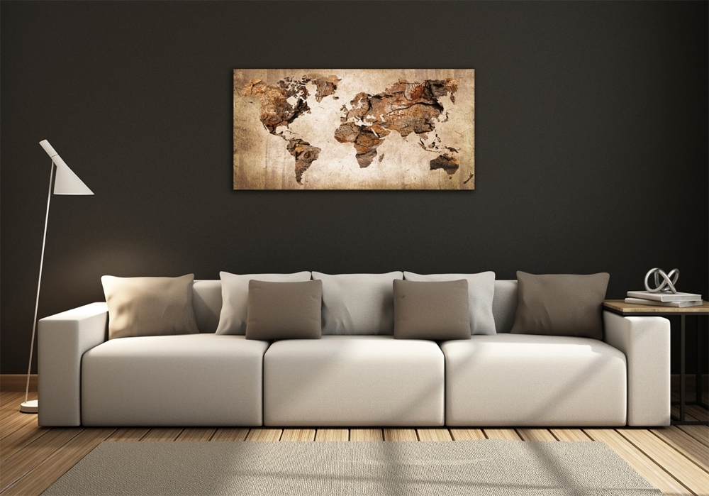 Glass wall art World map wood