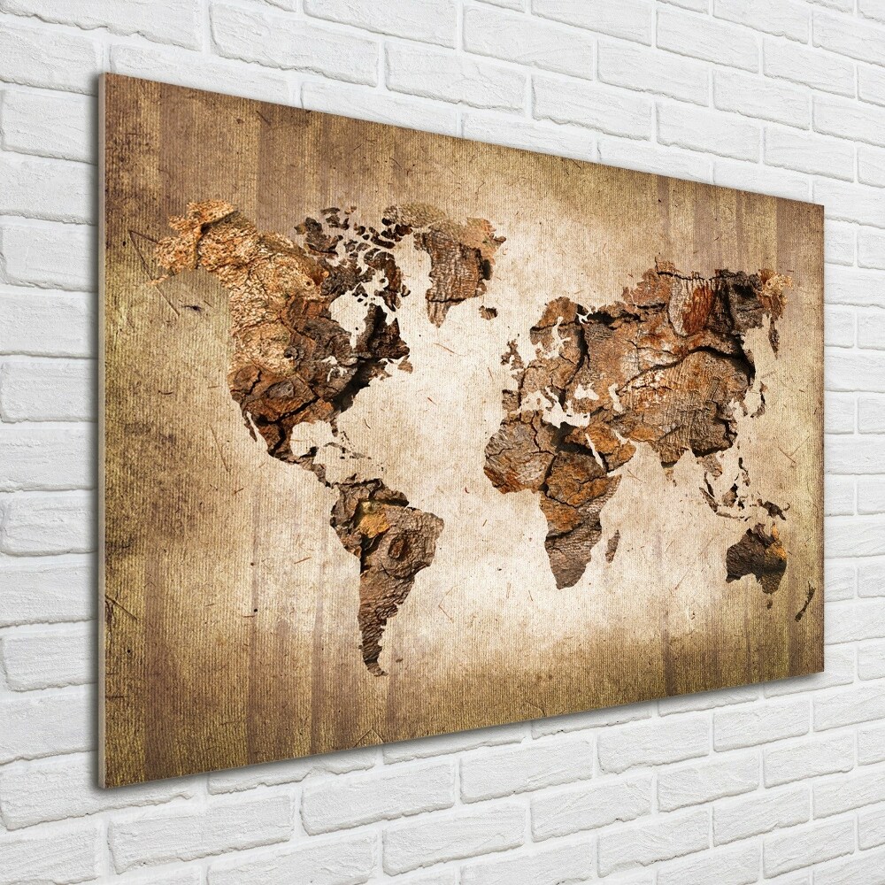 Glass wall art World map wood