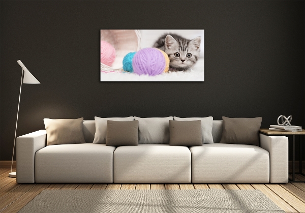 Glass picture wall art Cat with skeins