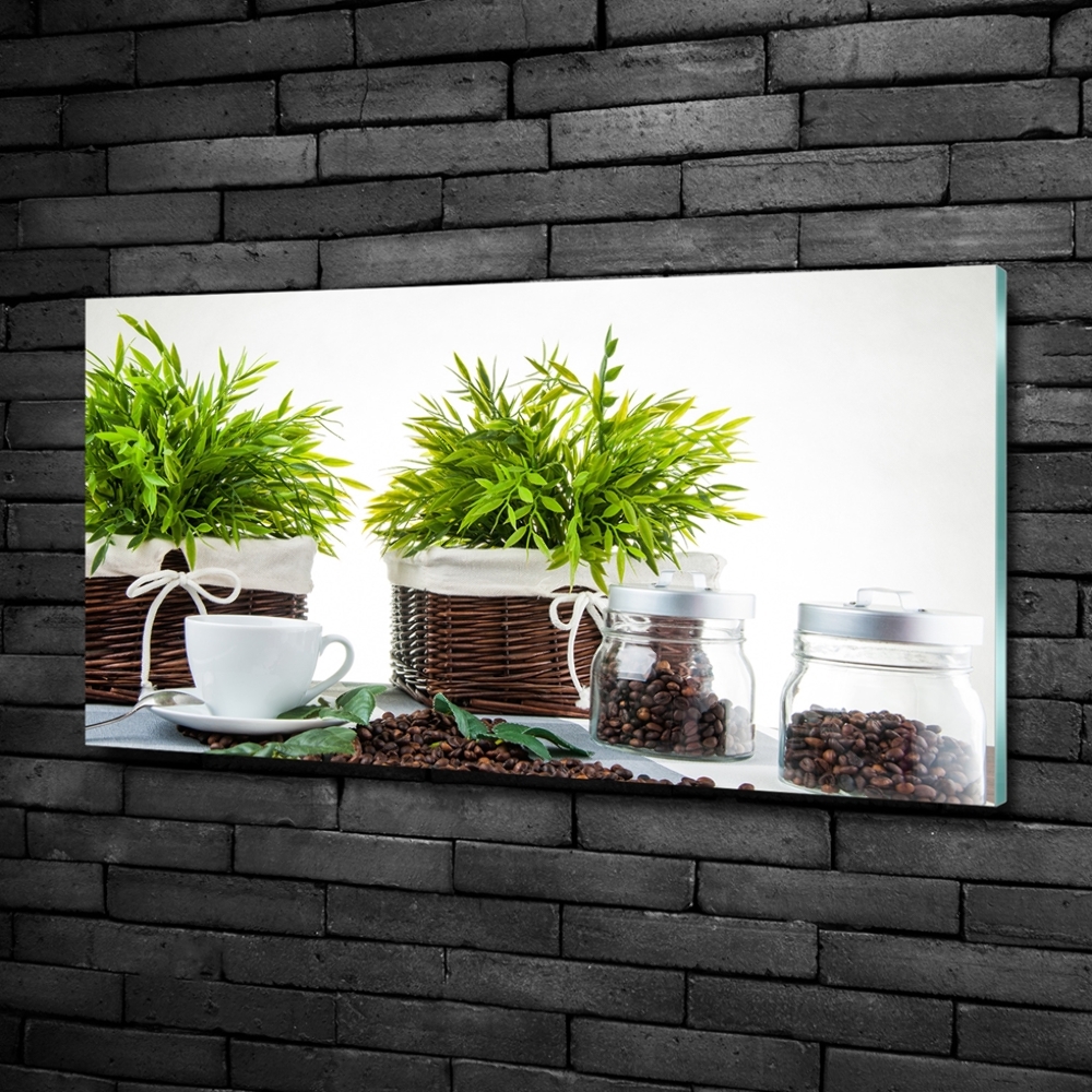 Glass picture wall art House motive with coffee