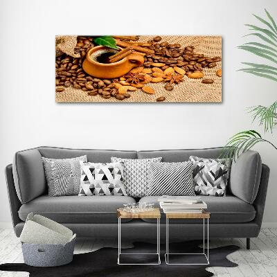 Printed glass wall art Coffee beans and mug