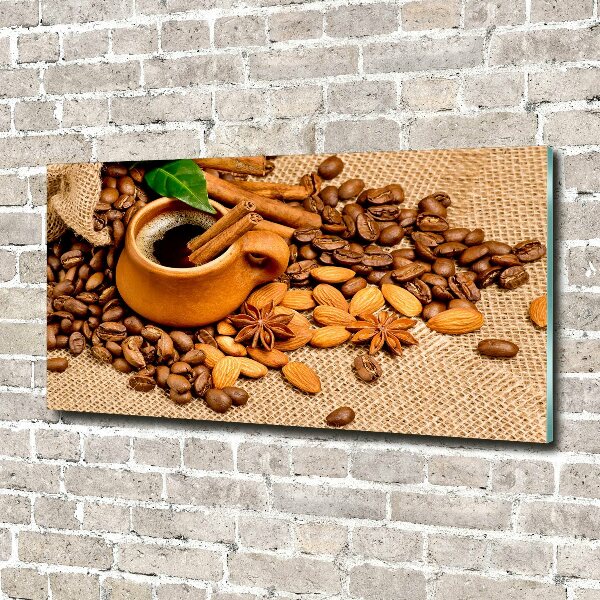 Printed glass wall art Coffee beans and mug