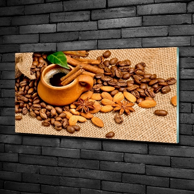 Printed glass wall art Coffee beans and mug