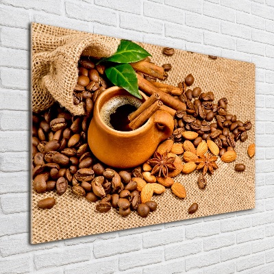 Printed glass wall art Coffee beans and mug