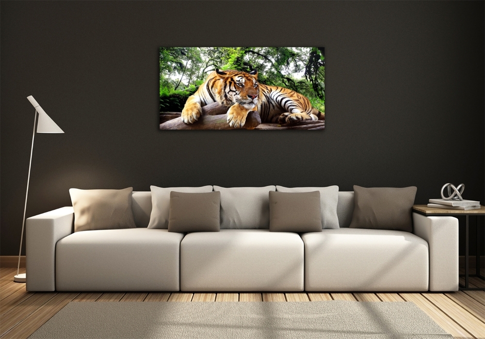 Printed glass wall art Tiger on the rock