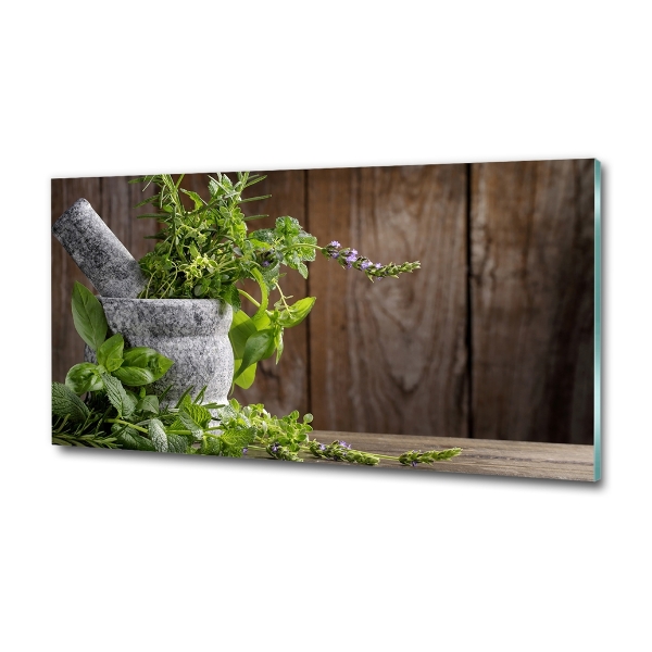 Wall art on glass Herbs in a mortar