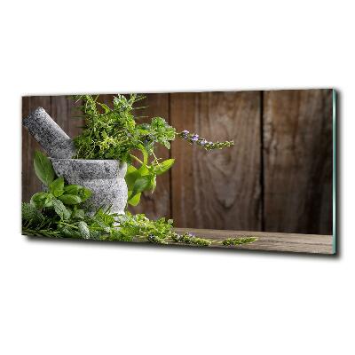 Wall art on glass Herbs in a mortar