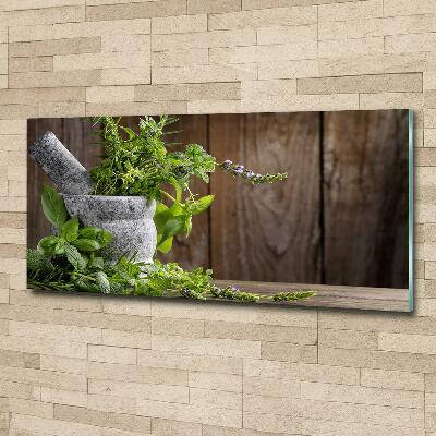 Wall art on glass Herbs in a mortar