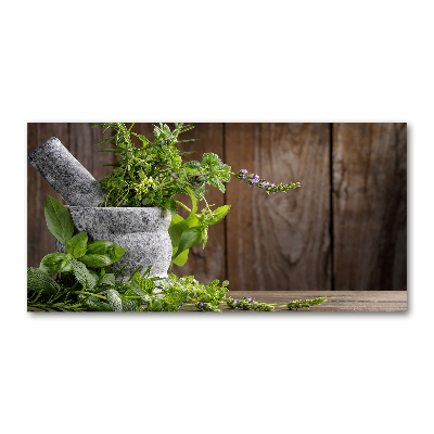 Wall art on glass Herbs in a mortar