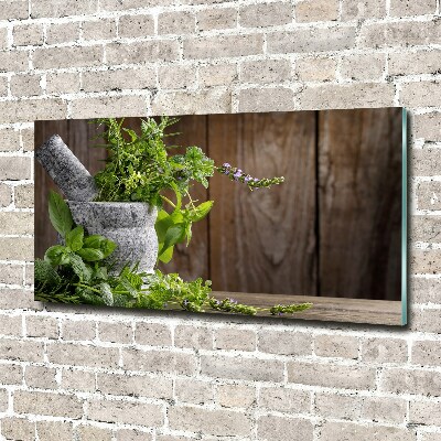 Wall art on glass Herbs in a mortar