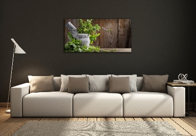 Wall art on glass Herbs in a mortar