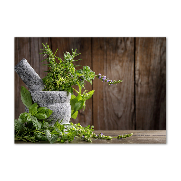 Wall art on glass Herbs in a mortar