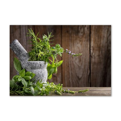 Wall art on glass Herbs in a mortar