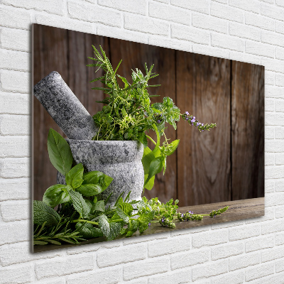 Wall art on glass Herbs in a mortar