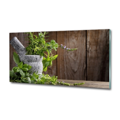 Wall art on glass Herbs in a mortar