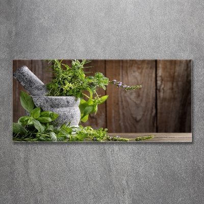 Wall art on glass Herbs in a mortar